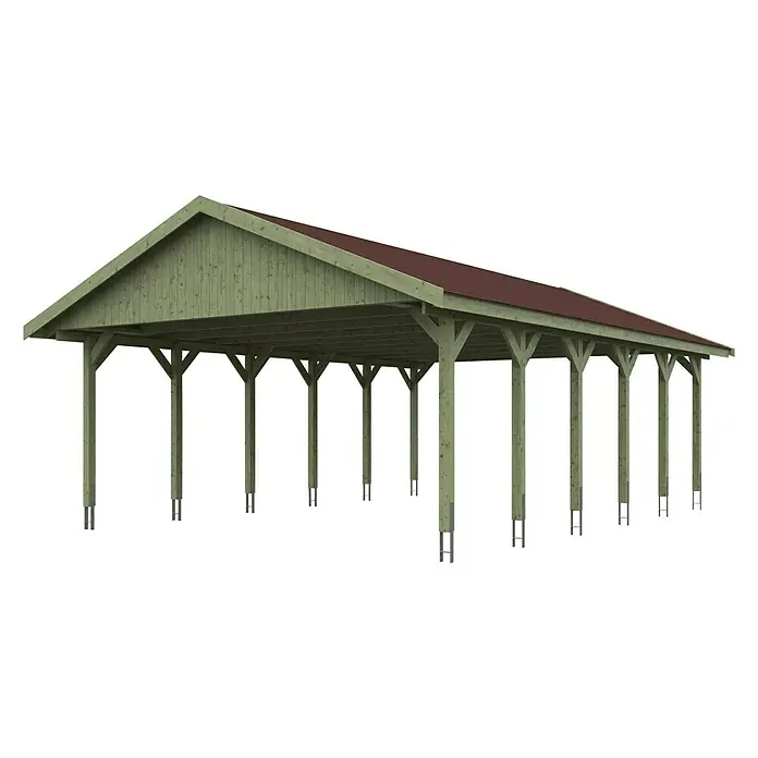 SKAN HOLZ Carport Wallgau - Außenmaß inkl. Dachüberstand (B x T): 6,2 x 9 m, Doppelcarport, Farbe Dach: Rot - Das Bild zeigt einen Carport mit rotem Dach und grünen Holzstützen, die auf Metallankern stehen. Der Carport bietet Schutz vor Witterungseinflüssen.