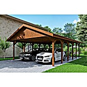 SKAN HOLZ Carport Wallgau (Außenmaß inkl. Dachüberstand (B x T): 6,2 x 9 m, Doppelcarport, Nussbaum, Rote Bitumenschindeln) | BAUHAUS