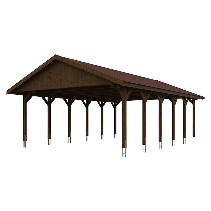 SKAN HOLZ Carport Wallgau - Außenmaß inkl. Dachüberstand (B x T): 6,2 x 9 m, Doppelcarport, Nussbaum, Rote Bitumenschindeln - Carport aus Holz mit braunem Dach, gestützt von stabilen Holzbalken, ideal für den Schutz von Fahrzeugen vor Witterungseinflüssen.