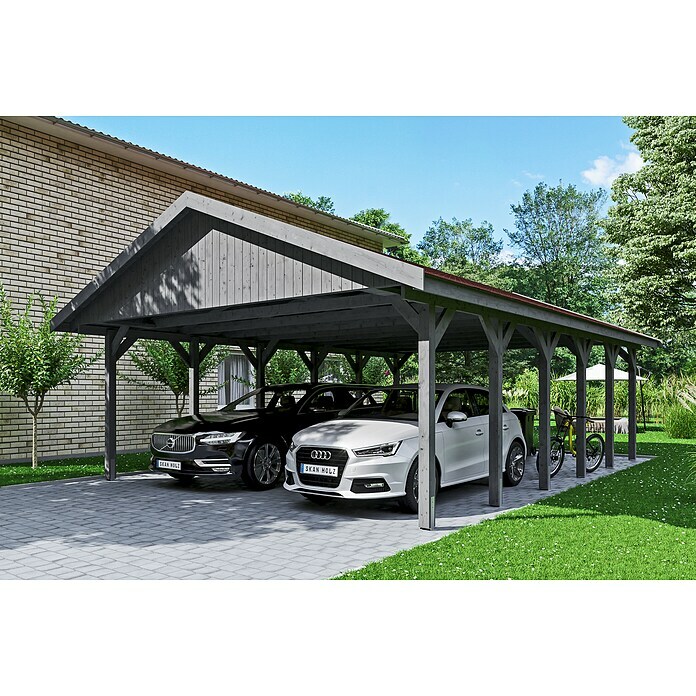 Skan Holz Carport Wallgau (Außenmaß inkl. Dachüberstand (B x T): 6,2 x 9 m, Doppelcarport, Schiefergrau, Rote Bitumenschindeln)