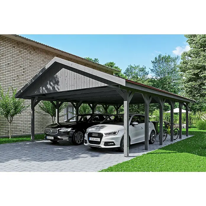 SKAN HOLZ Carport Wallgau - Außenmaß inkl. Dachüberstand (B x T): 6,2 x 9 m, Doppelcarport, Schiefergrau, Rote Bitumenschindeln - Das Bild zeigt einen modernen Carport von SKAN HOLZ mit zwei parkenden Autos, der Schutz vor Wettereinflüssen bietet.