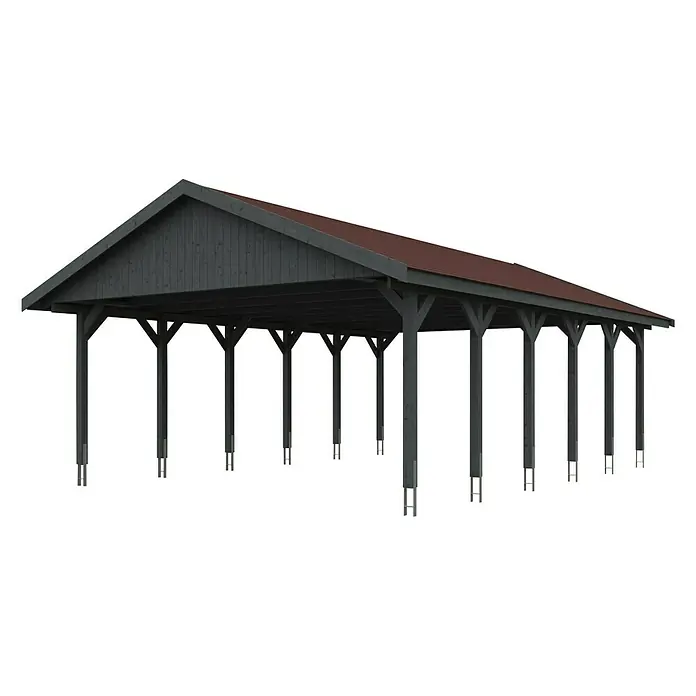 SKAN HOLZ Carport Wallgau - Außenmaß inkl. Dachüberstand (B x T): 6,2 x 9 m, Doppelcarport, Schiefergrau, Rote Bitumenschindeln - Das Bild zeigt eine große, offene Holzkonstruktion mit einem Satteldach und zahlreichen Stützpfeilern, ideal als Unterstand.