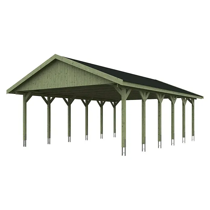 SKAN HOLZ Carport Wallgau - Außenmaß inkl. Dachüberstand (B x T): 6,2 x 9 m, Doppelcarport, Farbe Dach: Schwarz - Bild eines Holzcarports mit dunklem Dach und stabilen Pfosten, ideal zum Schutz von Fahrzeugen vor Witterungseinflüssen.