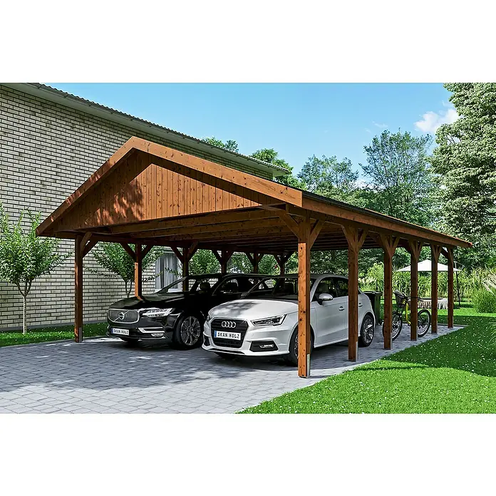 SKAN HOLZ Carport Wallgau - Außenmaß inkl. Dachüberstand (B x T): 6,2 x 9 m, Doppelcarport, Nussbaum, Schwarze Bitumenschindeln - Eine geräumige, braune Holzgarage mit zwei geparkten Autos, darunter ein schwarzer Volvo und ein weißer Audi, im Freien.