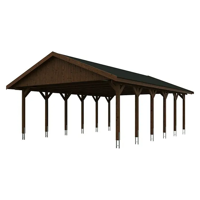 SKAN HOLZ Carport Wallgau - Außenmaß inkl. Dachüberstand (B x T): 6,2 x 9 m, Doppelcarport, Nussbaum, Schwarze Bitumenschindeln - Das Bild zeigt eine detaillierte Ansicht eines großen, braunen Holzcarports mit einem dunklen Dach und stabilen Metallstützen.