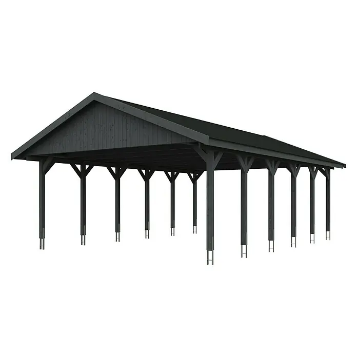 SKAN HOLZ Carport Wallgau - Außenmaß inkl. Dachüberstand (B x T): 6,2 x 9 m, Doppelcarport, Schiefergrau, Schwarze Bitumenschindeln - Dieses Bild zeigt ein geräumiges, dunkelgraues Carport mit einem Giebeldach und stabilen Stützpfeilern. Es bietet Schutz vor Witterungseinflüssen.