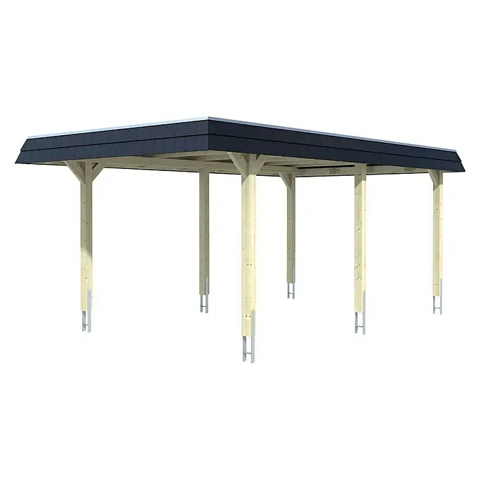 SKAN HOLZ Carport Wendland - Außenmaß inkl. Dachüberstand (B x T): 3,62 x 6,28 m, Einzelcarport, Natur, Farbe Dach: Anthrazit, Dachschalung mit EPDM-Folie - Ein Carport mit einem dunklen Dach und hellen Holzpfosten, die auf Metallstützen stehen, bietet Schutz für Fahrzeuge.