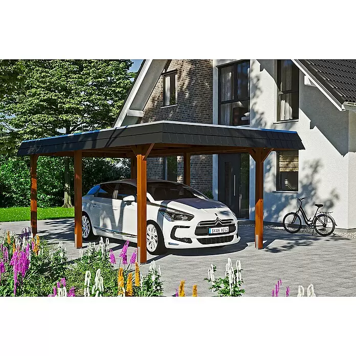 SKAN HOLZ Carport Wendland - Außenmaß inkl. Dachüberstand (B x T): 3,62 x 6,28 m, Einzelcarport, Nussbaum, Farbe Dach: Anthrazit, Dachschalung mit EPDM-Folie - Anwendungsbeispiel