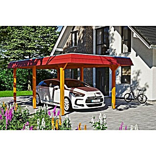 Skan Holz Carport Wendland (3,62 x 6,28 m, Einzelcarport, Eiche Hell, Farbe Dach: Rot, Aluminium-Dachplatten)