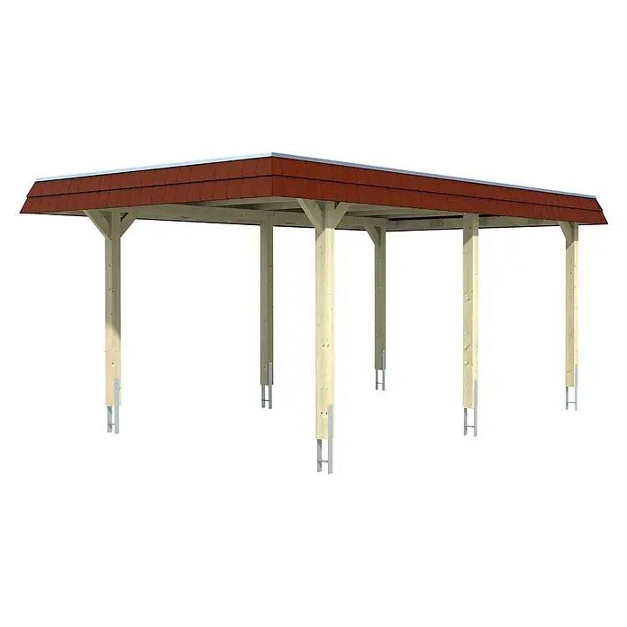 Skan Holz Carport Wendland3,62 x 6,28 m, Einzelcarport, Natur, Farbe Dach: Rot, Dachschalung mit EPDM-Folie - Ein Carport mit rotem Dach und hellem Holzrahmen, das Stabilität und Schutz für Fahrzeuge bietet. Ideal für den Außenbereich.