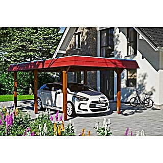 Skan Holz Carport Wendland (3,62 x 6,28 m, Einzelcarport, Nussbaum, Farbe Dach: Rot, Aluminium-Dachplatten)