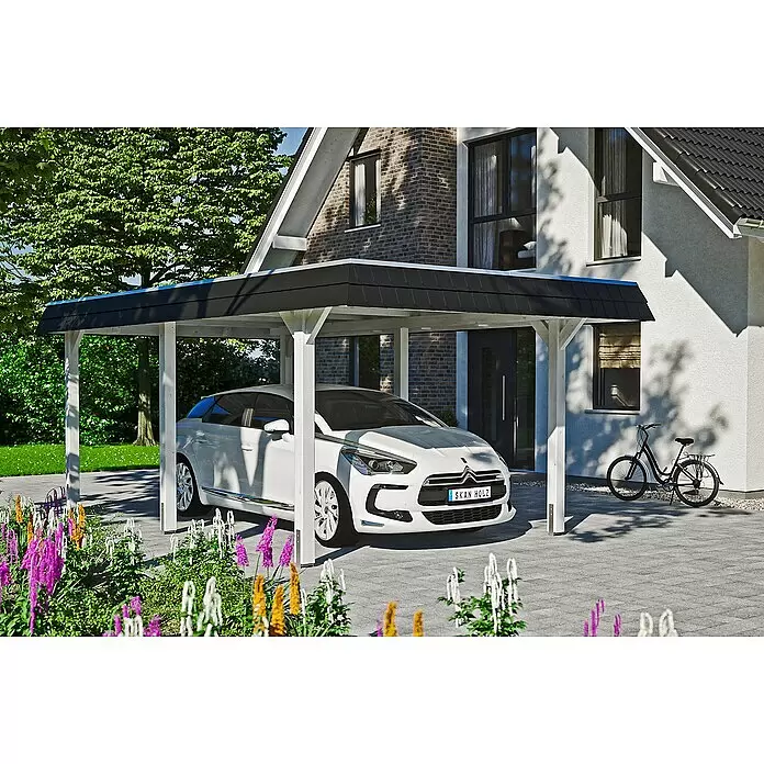 SKAN HOLZ Carport Wendland - Außenmaß inkl. Dachüberstand (B x T): 3,62 x 6,28 m, Einzelcarport, Weiß, Farbe Dach: Anthrazit, Aluminium-Dachplatten - Anwendungsbeispiel