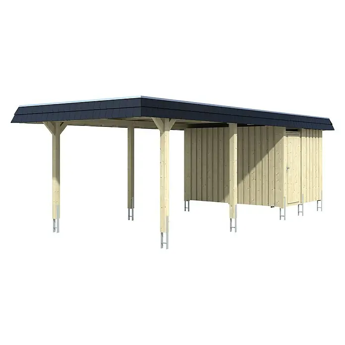 SKAN HOLZ Carport Wendland - Außenmaß inkl. Dachüberstand (B x T): 3,62 x 8,7 m, Einzelcarport, Natur, Farbe Dach: Anthrazit, Materialspezifizierung Dach: Aluminium-Dachplatten - Darstellung eines modernen Carports mit Holzverkleidung und schwarzem Dach auf schwarzem Hintergrund.