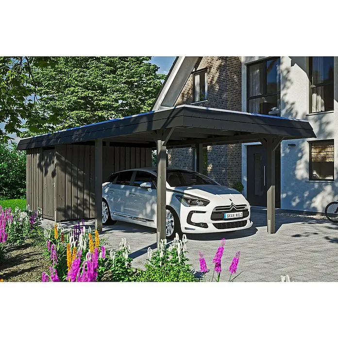 SKAN HOLZ Carport Wendland - Außenmaß inkl. Dachüberstand (B x T): 3,62 x 8,7 m, Einzelcarport, Schiefergrau, Farbe Dach: Anthrazit, Materialspezifizierung Dach: EPDM-Folie, Fichte - Modernes Carport mit Geräteschuppen aus Holz, darunter ein weißes Auto. Ideal für den Schutz Ihres Fahrzeugs und zur Aufbewahrung von Gartengeräten.
