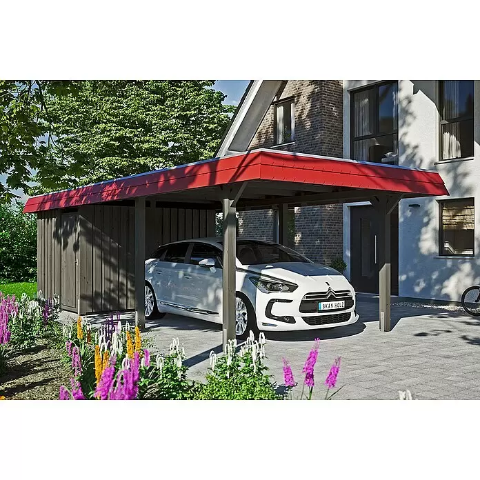 SKAN HOLZ Carport Wendland - Außenmaß inkl. Dachüberstand (B x T): 3,62 x 8,7 m, Einzelcarport, Schiefergrau, Farbe Dach: Rot, Materialspezifizierung Dach: EPDM-Folie, Fichte, Mit Abstellraum - Anwendungsbeispiel