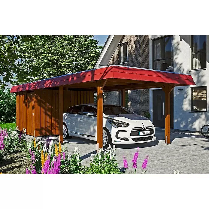 SKAN HOLZ Carport Wendland - Außenmaß inkl. Dachüberstand (B x T): 3,62 x 8,7 m, Einzelcarport, Nussbaum, Farbe Dach: Rot, Materialspezifizierung Dach: EPDM-Folie, Fichte, Mit Abstellraum - Anwendungsbeispiel
