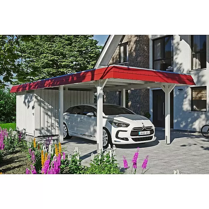 SKAN HOLZ Carport Wendland - Außenmaß inkl. Dachüberstand (B x T): 3,62 x 8,7 m, Einzelcarport, Weiß, Farbe Dach: Rot, Materialspezifizierung Dach: EPDM-Folie, Fichte, Mit Abstellraum - Anwendungsbeispiel