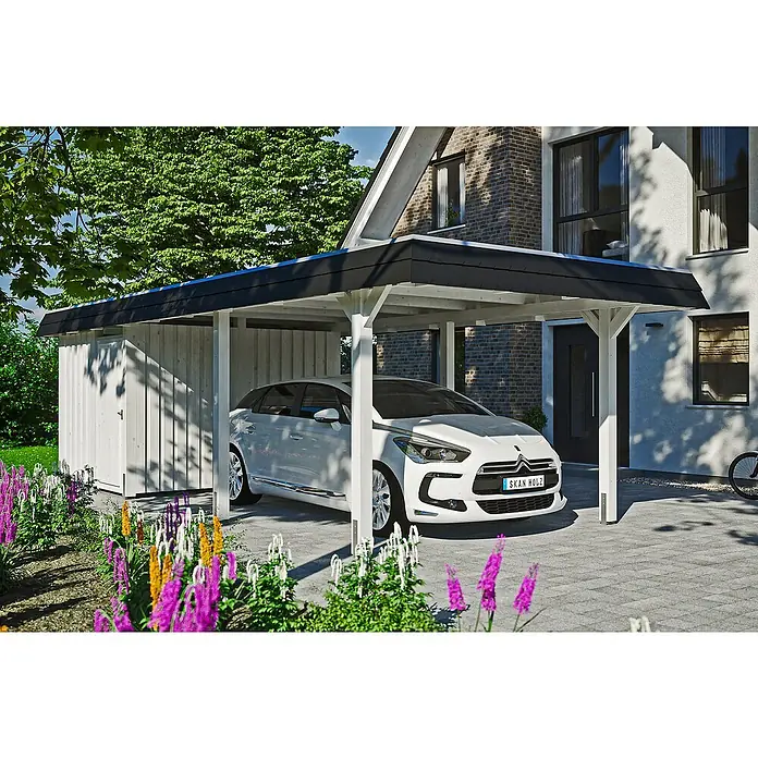 SKAN HOLZ Carport Wendland - Außenmaß inkl. Dachüberstand (B x T): 3,62 x 8,7 m, Einzelcarport, Weiß, Farbe Dach: Anthrazit, Materialspezifizierung Dach: Aluminium-Dachplatten - Ein modernes Carport mit Geräteschuppen bietet Schutz für Ihr Auto und zusätzlichen Stauraum im Garten.