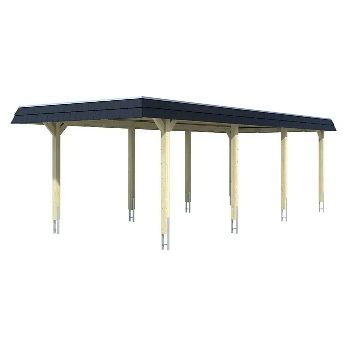 SKAN HOLZ Carport Wendland - Außenmaß inkl. Dachüberstand (B x T): 3,62 x 8,7 m, Einzelcarport, Eiche Hell, Farbe Dach: Anthrazit, Aluminium-Dachplatten - Eine große Carport-Struktur mit einem dunklen Dach, gestützt durch mehrere Holzpfosten, die auf Metallbefestigungen stehen.