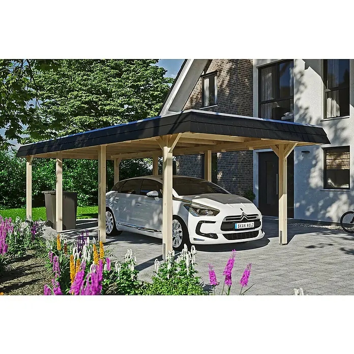 SKAN HOLZ Carport Wendland - Außenmaß inkl. Dachüberstand (B x T): 3,62 x 8,7 m, Einzelcarport, Natur, Farbe Dach: Anthrazit, Aluminium-Dachplatten - Ein modernes Carport aus Holz mit dunklem Dach schützt ein weißes Auto vor den Elementen. Praktischer und stilvoller Unterstand für Fahrzeuge.
