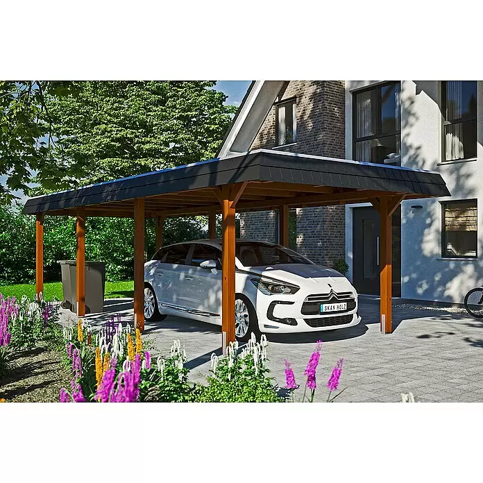 SKAN HOLZ Carport Wendland - Außenmaß inkl. Dachüberstand (B x T): 3,62 x 8,7 m, Einzelcarport, Nussbaum, Farbe Dach: Anthrazit, Aluminium-Dachplatten - Anwendungsbeispiel