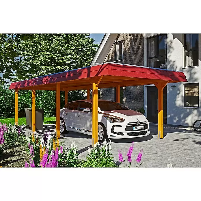 SKAN HOLZ Carport Wendland - 3,62 x 8,7 m, Einzelcarport, Eiche Hell, Farbe Dach: Rot, Materialspezifizierung Dach: EPDM-Folie, Fichte - Anwendungsbeispiel