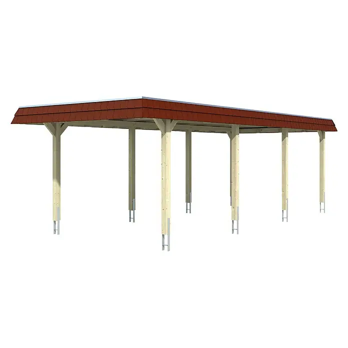 SKAN HOLZ Carport Wendland - 3,62 x 8,7 m, Einzelcarport, Schiefergrau, Farbe Dach: Rot, Materialspezifizierung Dach: EPDM-Folie, Fichte - Ein Carport mit einem rotbraunen Dach und helle Holzpfosten mit Metallstützen, präsentiert auf einem neutralen, schwarzen Hintergrund.