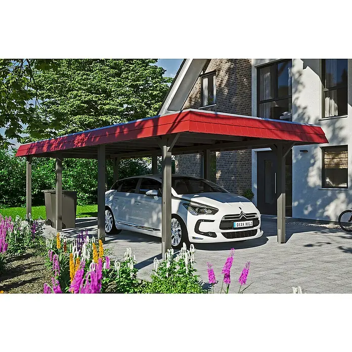 SKAN HOLZ Carport Wendland - 3,62 x 8,7 m, Einzelcarport, Schiefergrau, Farbe Dach: Rot, Materialspezifizierung Dach: EPDM-Folie, Fichte - Ein moderner Unterstand von SKAN HOLZ schützt ein weißes Auto vor Witterungseinflüssen und bietet stilvollen Schutz mit einem roten Dach.
