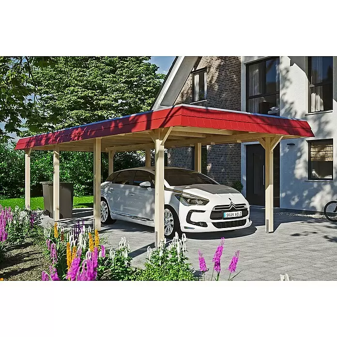 SKAN HOLZ Carport Wendland - 3,62 x 8,7 m, Einzelcarport, Natur, Farbe Dach: Rot, Materialspezifizierung Dach: Aluminium-Dachplatten - Anwendungsbeispiel