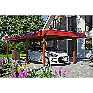 Skan Holz Carport Wendland (3,62 x 8,7 m, Einzelcarport, Nussbaum, Farbe Dach: Rot, Materialspezifizierung Dach: Aluminium-Dachplatten)