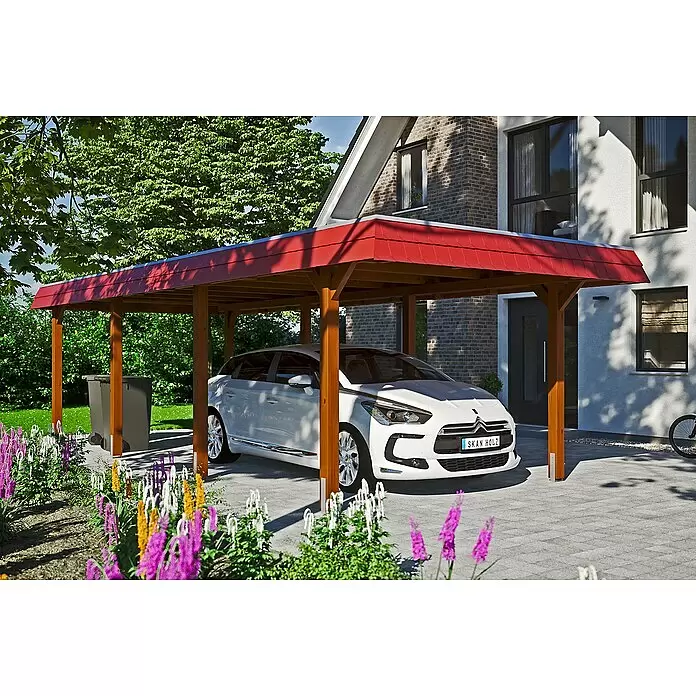 SKAN HOLZ Carport Wendland - 3,62 x 8,7 m, Einzelcarport, Nussbaum, Farbe Dach: Rot, Materialspezifizierung Dach: Aluminium-Dachplatten - Anwendungsbeispiel