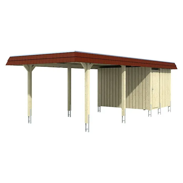 SKAN HOLZ Carport Wendland - Außenmaß inkl. Dachüberstand (B x T): 3,62 x 8,7 m, Einzelcarport, Natur, Farbe Dach: Rot, Materialspezifizierung Dach: Aluminium-Dachplatten, Mit Abstellraum - Carport mit Geräteraum, Holzdach und Stützpfeilern für den Außenbereich.
