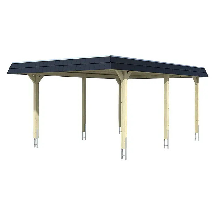 SKAN HOLZ Carport Wendland - Außenmaß inkl. Dachüberstand (B x T): 4,09 x 6,28 m, Einzelcarport, Schiefergrau, Farbe Dach: Anthrazit, Materialspezifizierung Dach: EPDM-Folie, Fichte - Ein Carport mit einem dunklen, schindelgedeckten Dach, das von hellen Holzpfosten mit Metallankern gestützt wird. Perfekt für den Außenbereich.