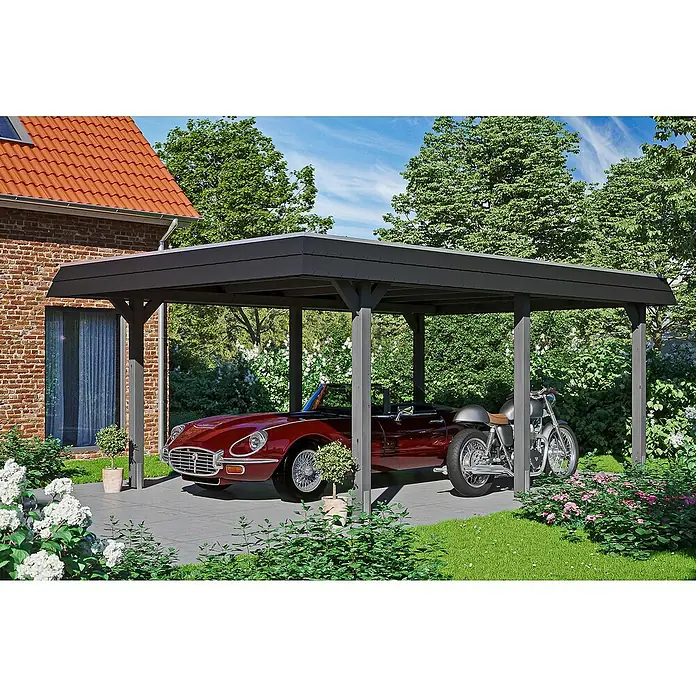 SKAN HOLZ Carport Wendland - Außenmaß inkl. Dachüberstand (B x T): 4,09 x 6,28 m, Einzelcarport, Schiefergrau, Farbe Dach: Anthrazit, Materialspezifizierung Dach: EPDM-Folie, Fichte - Carport mit Auto und Motorrad.