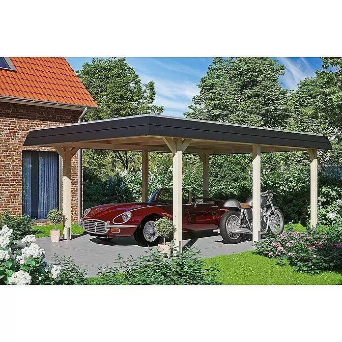 SKAN HOLZ Carport Wendland - Außenmaß inkl. Dachüberstand (B x T): 4,09 x 6,28 m, Einzelcarport, Natur, Farbe Dach: Anthrazit - Anwendungsbeispiel