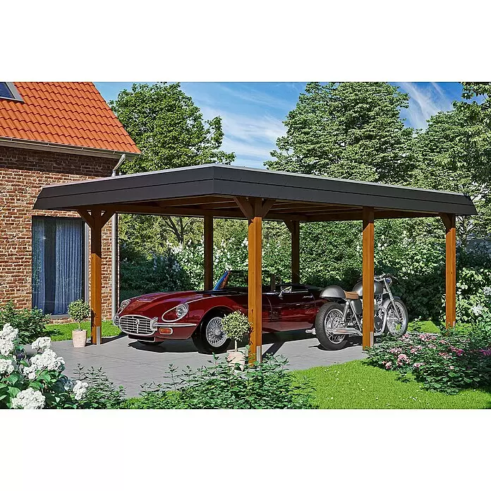 SKAN HOLZ Carport Wendland - Außenmaß inkl. Dachüberstand (B x T): 4,09 x 6,28 m, Einzelcarport, Nussbaum, Farbe Dach: Anthrazit, Materialspezifizierung Dach: EPDM-Folie, Fichte - Anwendungsbeispiel