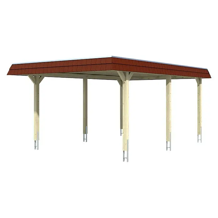 SKAN HOLZ Carport Wendland - Außenmaß inkl. Dachüberstand (B x T): 4,09 x 6,28 m, Einzelcarport, Eiche Hell, Farbe Dach: Rot, Materialspezifizierung Dach: EPDM-Folie, Fichte - Abbildung eines Carports mit rotem Dach und Holzstützen, das eine schützende Struktur für Fahrzeuge bietet.