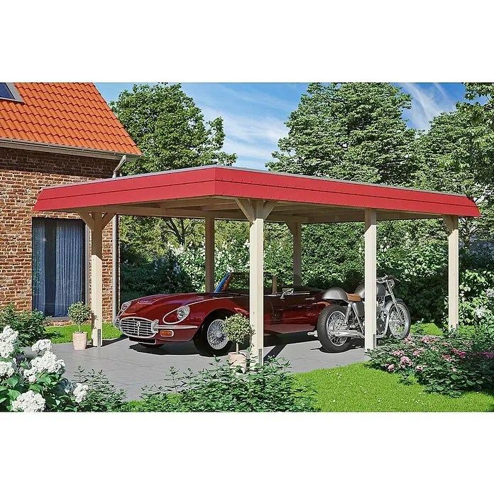SKAN HOLZ Carport Wendland - Außenmaß inkl. Dachüberstand (B x T): 4,09 x 6,28 m, Einzelcarport, Natur, Farbe Dach: Schwarz, Materialspezifizierung Dach: EPDM-Folie, Fichte - Ein Carport mit rotem Dach schützt einen Oldtimer-Sportwagen und ein Motorrad vor Witterungseinflüssen. Holzkonstruktion fügt sich in die grüne Umgebung ein.