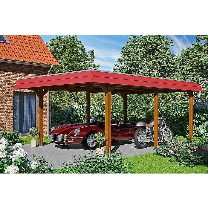 SKAN HOLZ Carport Wendland - Außenmaß inkl. Dachüberstand (B x T): 4,09 x 6,28 m, Einzelcarport, Nussbaum, Farbe Dach: Rot, Materialspezifizierung Dach: EPDM-Folie, Fichte - Ein Carport in Rot bietet Schutz für ein rotes Auto und ein Motorrad. Die Holzkonstruktion fügt sich harmonisch in den Garten ein.