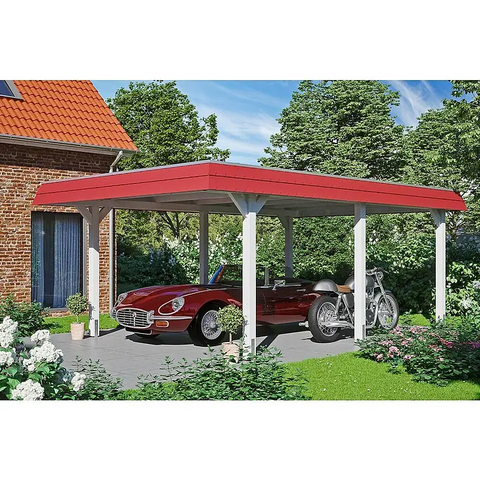 SKAN HOLZ Carport Wendland - Außenmaß inkl. Dachüberstand (B x T): 4,09 x 6,28 m, Einzelcarport, Weiß, Farbe Dach: Rot, Materialspezifizierung Dach: EPDM-Folie, Fichte - Das Bild zeigt ein Carport mit rotem Dach, unter dem ein Oldtimer-Cabriolet und ein Motorrad geparkt sind. Die Konstruktion wirkt stabil und hochwertig.