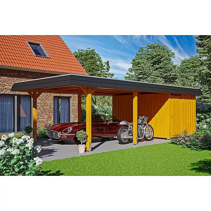 SKAN HOLZ Carport Wendland - Außenmaß inkl. Dachüberstand (B x T): 4,09 x 8,7 m, Einzelcarport, Eiche Hell, Farbe Dach: Anthrazit, Materialspezifizierung Dach: EPDM-Folie, Fichte, Mit Abstellraum - Anwendungsbeispiel