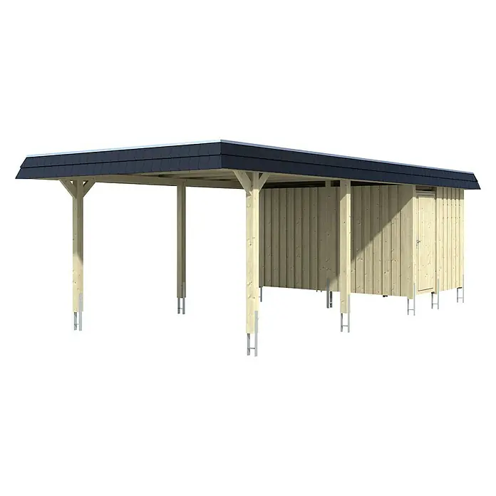 SKAN HOLZ Carport Wendland - Außenmaß inkl. Dachüberstand (B x T): 4,09 x 8,7 m, Einzelcarport, Eiche Hell, Farbe Dach: Anthrazit, Materialspezifizierung Dach: EPDM-Folie, Fichte, Mit Abstellraum - Abbildung einer modernen Holzgarage mit Flachdach und integriertem Abstellraum, ideal für Gärten oder Höfe, bietet vielseitigen Schutz.