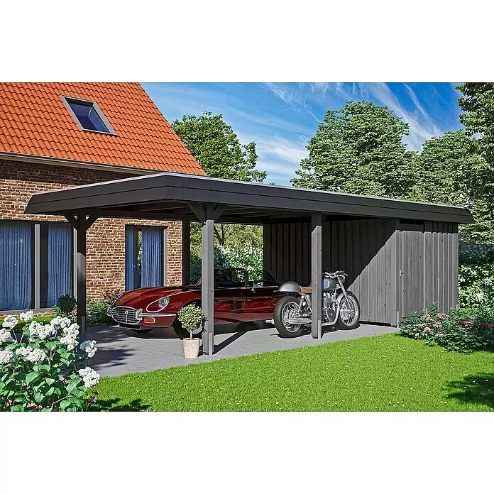 SKAN HOLZ Carport Wendland - Außenmaß inkl. Dachüberstand (B x T): 4,09 x 8,7 m, Einzelcarport, Schiefergrau, Farbe Dach: Anthrazit, Materialspezifizierung Dach: EPDM-Folie, Fichte, Mit Abstellraum - Anwendungsbeispiel