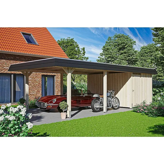 SKAN HOLZ Carport Wendland - Außenmaß inkl. Dachüberstand (B x T): 4,09 x 8,7 m, Einzelcarport, Natur, Farbe Dach: Anthrazit, Materialspezifizierung Dach: EPDM-Folie, Fichte, Mit Abstellraum - Carport mit Pkw und Motorrad. Der Unterstand bietet mit einem abschließbaren Anbau zusätzlichen Stauraum für Gartengeräte oder Fahrräder.