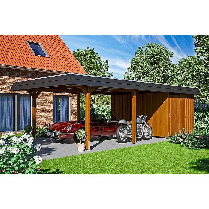 SKAN HOLZ Carport Wendland - Außenmaß inkl. Dachüberstand (B x T): 4,09 x 8,7 m, Einzelcarport, Nussbaum, Farbe Dach: Anthrazit, Materialspezifizierung Dach: Aluminium-Dachplatten, Mit Abstellraum - Ein Carport mit integriertem Geräteschuppen schützt ein rotes Auto und ein Motorrad vor Wind und Wetter und bietet zusätzlichen Stauraum.