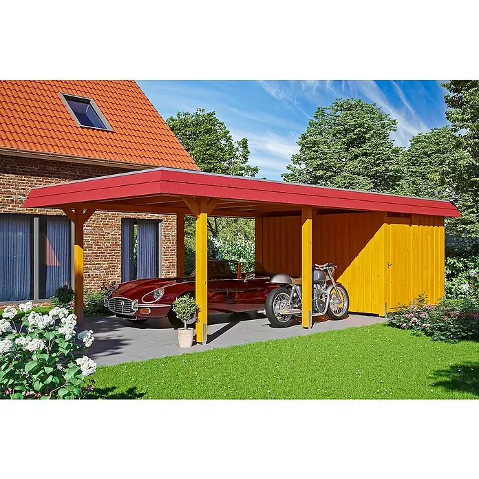 SKAN HOLZ Carport Wendland - Außenmaß inkl. Dachüberstand (B x T): 4,09 x 8,7 m, Einzelcarport, Eiche Hell, Materialspezifizierung Dach: EPDM-Folie, Fichte, Mit Abstellraum - Carport mit rotem Dach und gelben Stützen, darunter ein Oldtimer-Auto und ein Motorrad. Praktische und stilvolle Unterstellmöglichkeit.