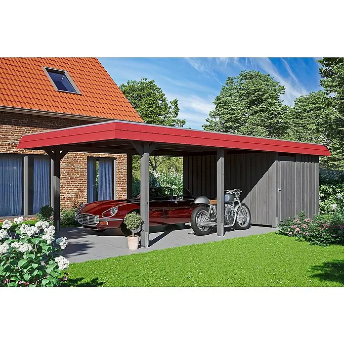SKAN HOLZ Carport Wendland - Außenmaß inkl. Dachüberstand (B x T): 4,09 x 8,7 m, Einzelcarport, Schiefergrau, Materialspezifizierung Dach: Aluminium-Dachplatten, Mit Abstellraum - Carport mit rotem Dach, darunter ein roter Oldtimer und ein Motorrad geparkt, neben einem grauen Geräteschuppen.