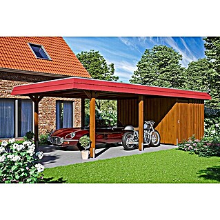 Skan Holz Carport Wendland (Außenmaß inkl. Dachüberstand (B x T): 4,09 x 8,7 m, Einzelcarport, Nussbaum, Materialspezifizierung Dach: Aluminium-Dachplatten, Mit Abstellraum)