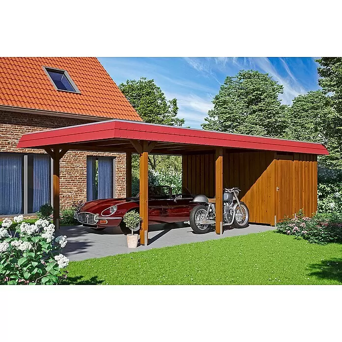 SKAN HOLZ Carport Wendland - Außenmaß inkl. Dachüberstand (B x T): 4,09 x 8,7 m, Einzelcarport, Nussbaum, Materialspezifizierung Dach: Aluminium-Dachplatten, Mit Abstellraum - Anwendungsbeispiel