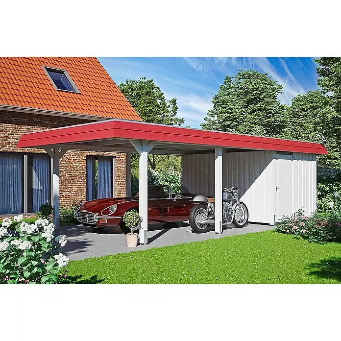 SKAN HOLZ Carport Wendland - Außenmaß inkl. Dachüberstand (B x T): 4,09 x 8,7 m, Einzelcarport, Weiß, Materialspezifizierung Dach: EPDM-Folie, Fichte, Mit Abstellraum - Anwendungsbeispiel